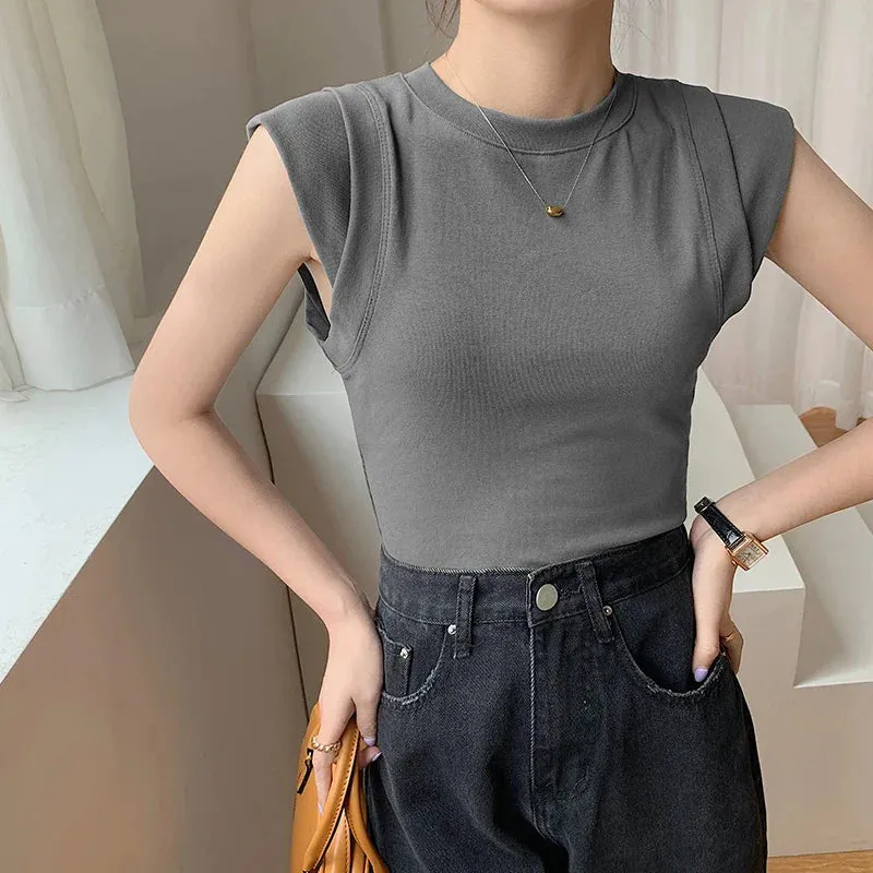 2024 Summer Sleeveless T-shirt Women Round Collar Solid Color Tank Top