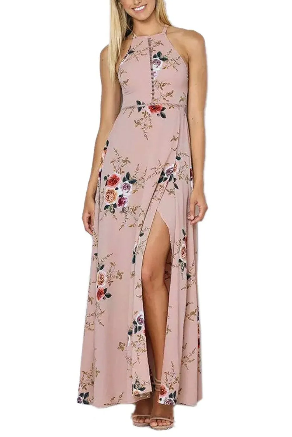 Apricot Floral Cutout Back Halter Split Maxi Boho Dress