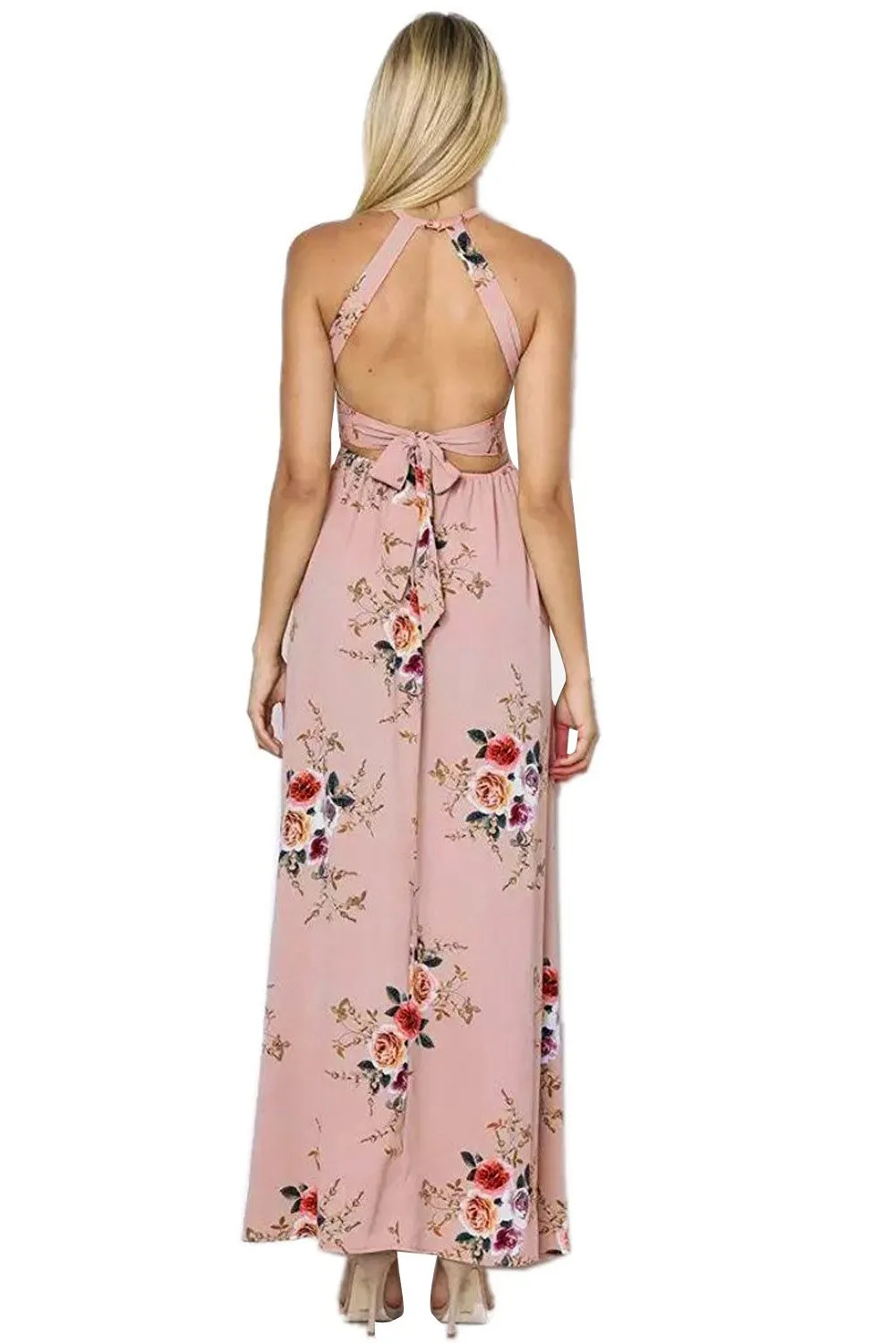 Apricot Floral Cutout Back Halter Split Maxi Boho Dress