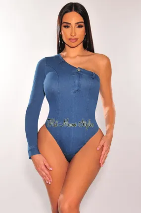 Blue Denim One Shoulder Long Sleeve Bodysuit