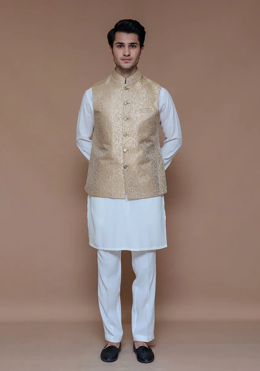 Classic Zari Karandi Almond Buff Traditional Waistcoat