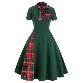 DressBetty - Plaid Patchwork Bow Collar Zipper Short Sleeve Vintage Christmas Costume Retro Office Party Midi Dress