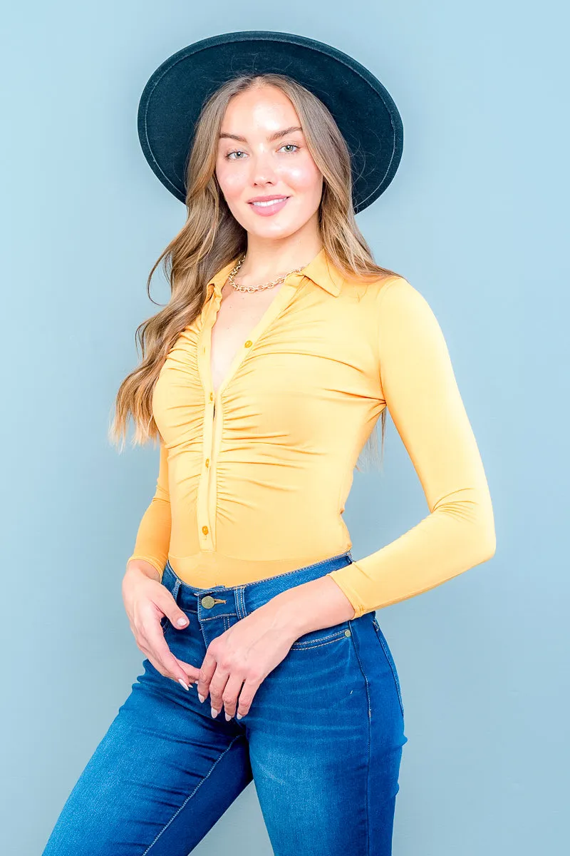 Long Sleeve Ruched Button Down Bodysuit with Notch Collar* (Q1PP17K0T0A)