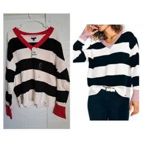 Nautica Striped V Neck Sweater Black White Red