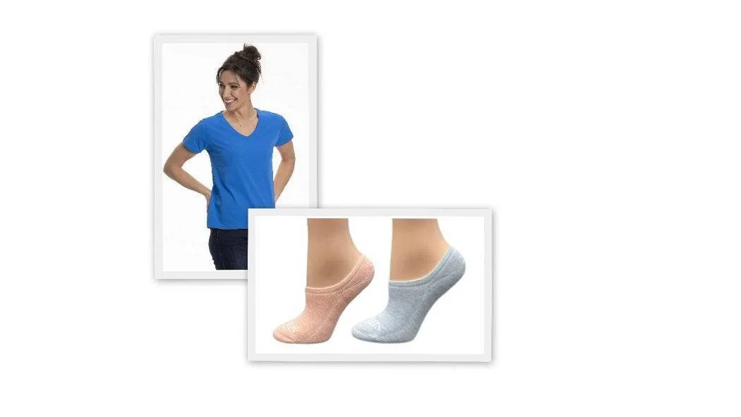 Women's Blue V-Neck T-Shirt and Bamboo Sock Combo - Ankle Hi Socks 2-Pair Packs